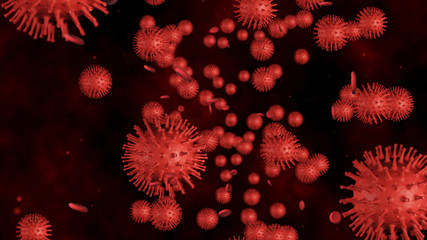 3d render Coronavirus (COVID-19), Virus of flu or microorganism. Rapid multiplication of bacteria Infection. Red color background.