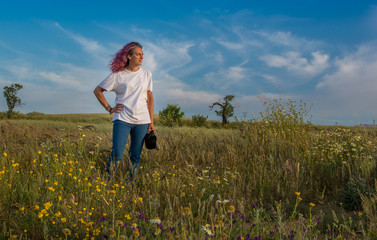 Happy Woman Enjoying The Landscape And The Colors Of The Fields Of Extremadura Spain. Countryside