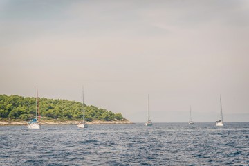 Sailing on adriatic sea Korcula Makarska Korcula Croatia. Yacht in marina, sailing in Croatia.
