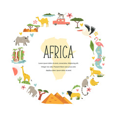 Tourist poster with symbols, animals of Africa