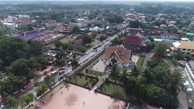 Aerial Footage of Wat Phu Min, The Famous Tourist Attraction of Nan, Northern of Thailand Surrouding by Peaceful Atmosphere of Nan Province