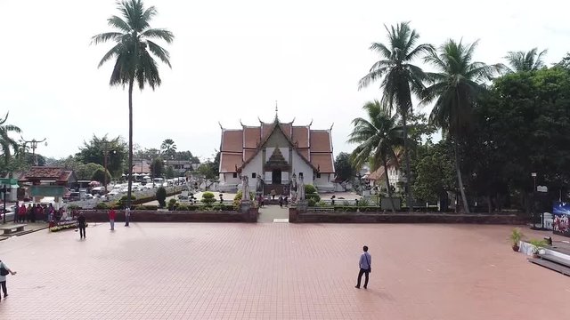 Aerial Footage of Wat Phu Min, The Famous Tourist Attraction of Nan, Northern of Thailand Surrouding by Peaceful Atmosphere of Nan Province