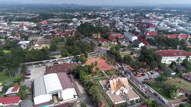 Aerial Footage of Wat Phu Min, The Famous Tourist Attraction of Nan, Northern of Thailand Surrouding by Peaceful Atmosphere of Nan Province