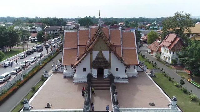 Aerial Footage of Wat Phu Min, The Famous Tourist Attraction of Nan, Northern of Thailand Surrouding by Peaceful Atmosphere of Nan Province