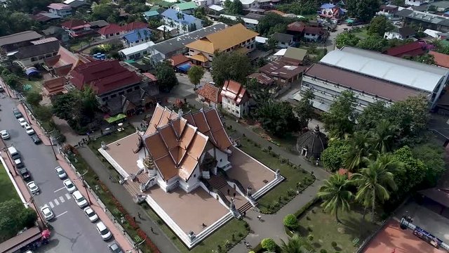 Aerial Footage of Wat Phu Min, The Famous Tourist Attraction of Nan, Northern of Thailand Surrouding by Peaceful Atmosphere of Nan Province