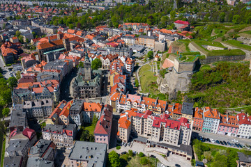 Aerial view of the Klodzko city center in Poland.