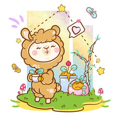 Vector cartoon illustration in kawaii kids style. Abstract kawaii big-headed smiling alpaca (or Llama) with plants in his hand. Cute background with grass, mushrooms, butterflies, flowers in pots