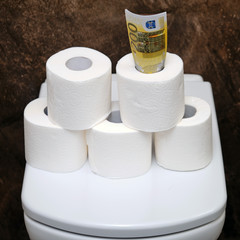 Euros are on rolls of sanitary paper. Money in European currency and toilet paper, close-up