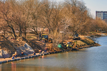 Water purification by workers and reconstruction of the coastal area with trees