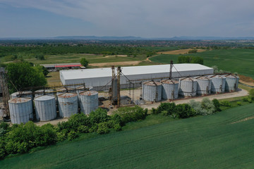 Aerial view with drone, agricultural silo, next to wheat or barley field - industrial elevator dryers, building exterior, storage and drying of cereals, wheat, corn, soybeans, sunflowers. In Europe