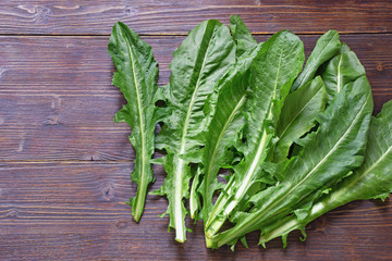 Balkan cuisine. Zucenica leaves ( wild chicory ) - popular leafy vegetables, one of the most traditional ingredients of the Kotor Bay cuisine. Copy space, dark rustic background