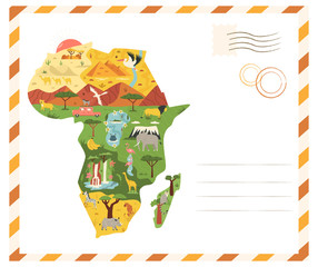Bright postcard with map of Africa with famous destinations and animals