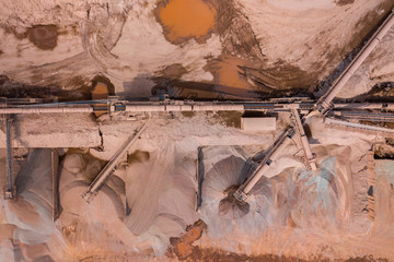 Mining from above. Industrial open pit mineral mine. Aerial view of opencast mining. Mine Excavation. Extractive industry. Giant excavator machinery.