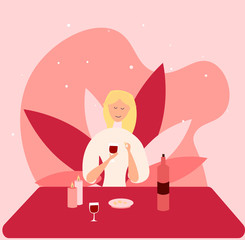 Romantic couple sitting in cafe. Woman in a restaurant. Vector illustration