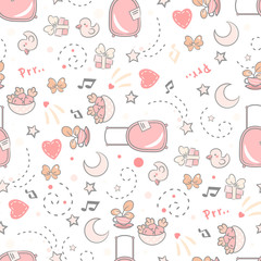 Vector cartoon seamless pattern. Kawaii abstract background, texture with kids cartoon elements. Grey and pink color palette