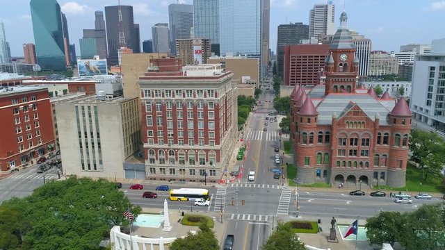 The Kennedy Dealey Plaza Memorial and Downtown Main Street Drone Video Dallas Texas USA