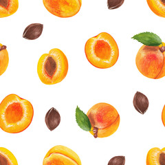 seamless pattern with apricot and its parts: whole apricot with leaf, half, with and without a seed on a square white background isolated. Realistic hand drawn illustration with gouache paints.