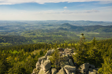 Rudawy Janowickie Landscape Park Aerial View. Mountain range in Sudetes in Poland view with green forests and landscape.