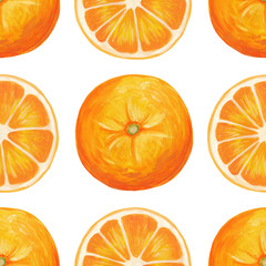 Realistic orange gouache paint drawing. Orange and sliced orange ring isolated on a white background raster illustration in realistic style. Square seamless citrus print with orange citrus