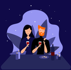 Romantic couple sitting in cafe. Man and woman in a restaurant. Vector illustration