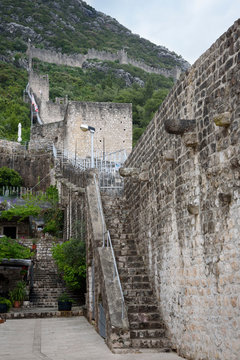 Access stairway to the wall in Ston, Dubrovnik Neretva county, located on the Peljesac peninsula, Croatia, Europe.