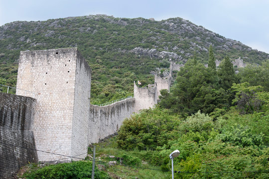 View of part of the route of the wall, in Ston, Dubrovnik Neretva county, located on the Peljesac peninsula, Croatia, Europe.