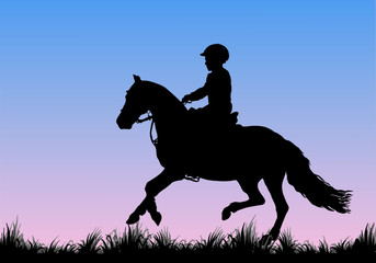 little girl riding a Welsh pony, grass field, children's equestrian sport, isolated black silhouette against the sky, dawn