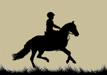  little girl rides a Welsh pony, children's equestrian sport, isolated black silhouette on a colored background