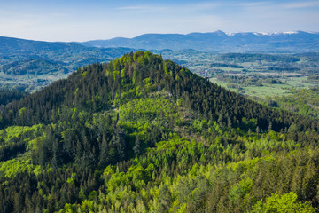 Fototapeta na wymiar Rudawy Janowickie Landscape Park Aerial View. Mountain range in Sudetes in Poland view with green forests and landscape.