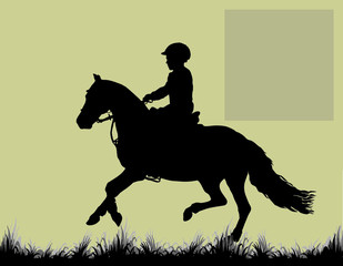  little girl rides a Welsh pony, children's equestrian sport, isolated black silhouette on a colored background