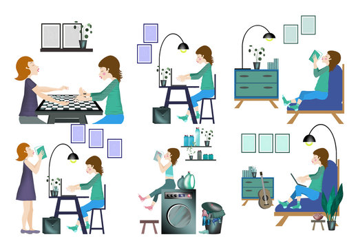 
Illustration, six scenes of life, girl character, homework help, reading a book, working at home, helping mom, doing computer at home, playing together, white background, blue and green color