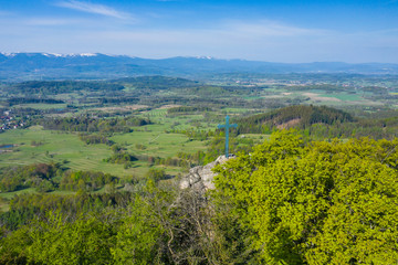 Rudawy Janowickie Landscape Park Aerial View. Krzyzna Gora. Mountain range in Sudetes in Poland view with green forests and landscape.