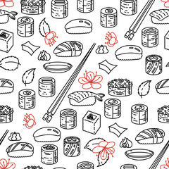 Beautiful sushi seamless pattern. Rolls with fish, chopsticks, ginger and soy sauce