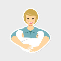 Mother holding newborn twins. Vector flat illustration