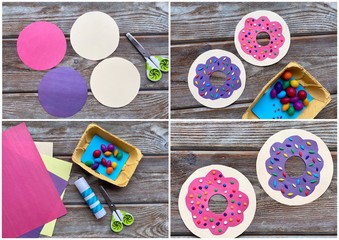 collage children's creativity, step by step, how to make a donut from colored paper and plasticine.