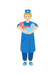 Midwife holding two newborns. Vector flat illustration