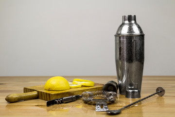 Still life  the cocktail shaker on the table wooden.