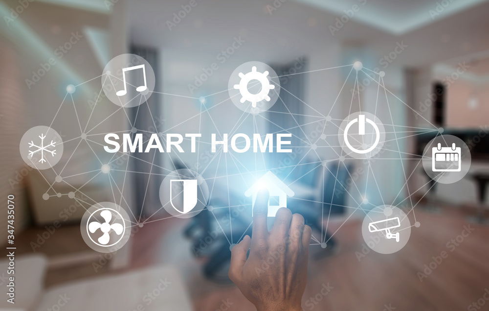 Poster house automation solutions. male hand using smart home control interface on screen, collage. double 