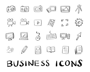 カメラ,動画,パソコン,ビジネス等の手書きラフアイコンセット