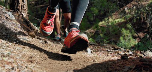 Trail running workout outdoors on rocky terrain, sports shoes detail on a challenging forest track