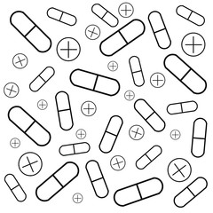 A set of medical supplies. Patterns with tablets. Lots of pills.