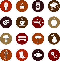 Autumn season vector icon set, contains icons such as leaf, acorn, wind, coat, boots and others