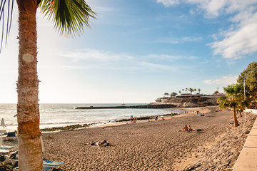 Fototapeta na wymiar Empty Tenerife beach, pandemic and ban on visiting public places