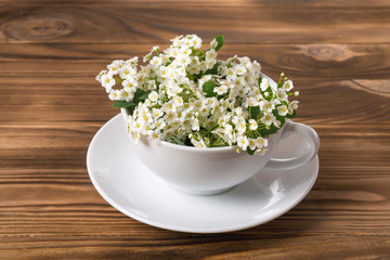 
flowers in a cup on a wooden background, floral background for text and design on a wooden table