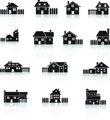 clip art, house vector icon set color, isolated, urban and rural houses with chimneys and red roof