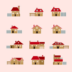 clip art, house vector icon set color, isolated, urban and rural houses with chimneys and red roof