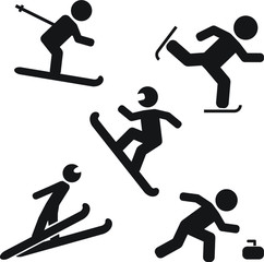 Winter sports vector icon set, skiing, ski jump, curling, ice skating, snowboarding