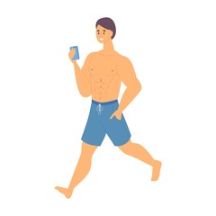 Strong man in shorts walking with a phone on the beach, pool. Isometric character