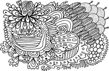 Black and white doodle pattern. Coloring page with floral organic ornament. Psychedelic texture. Vector illustration