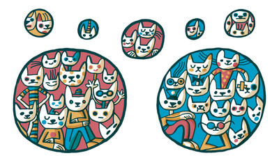 cats group round blue white red